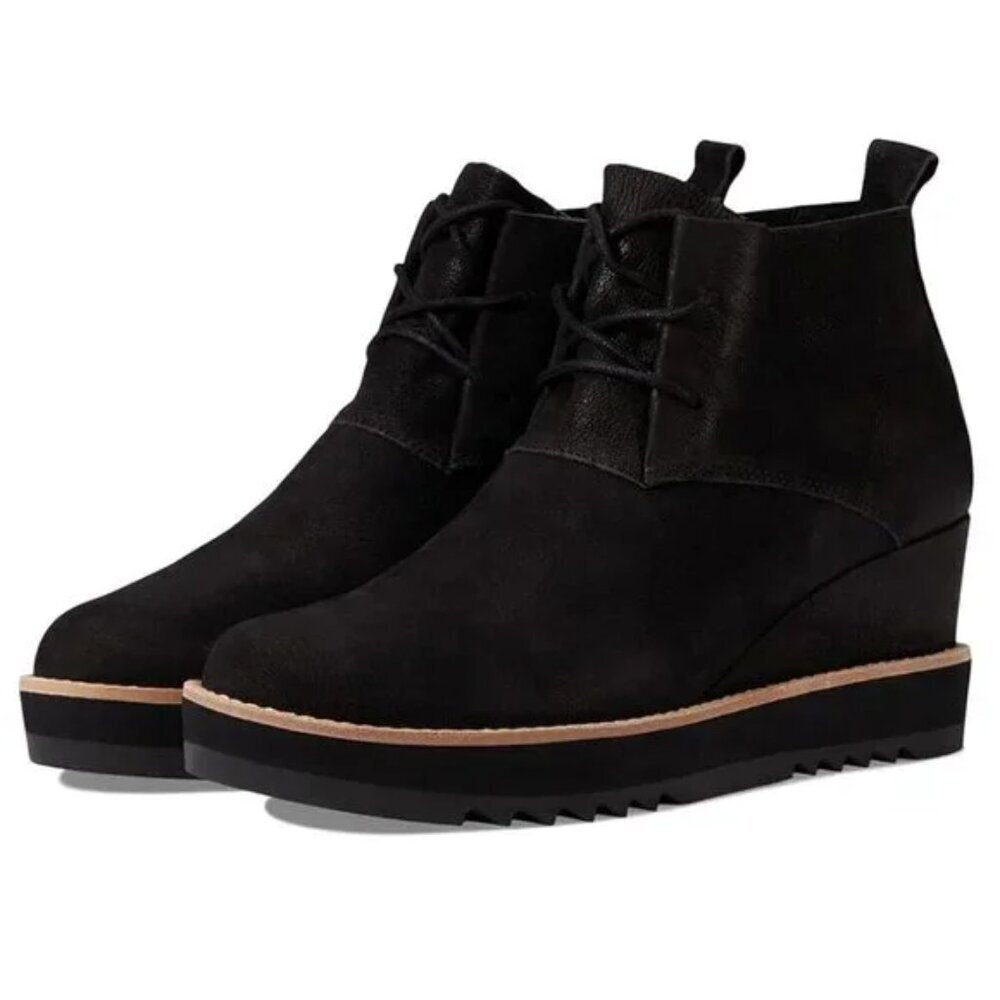 EILEEN FISHER Capa Wedge Boots Booties Black Nubuck Leather Lace Up. Sz: 11
